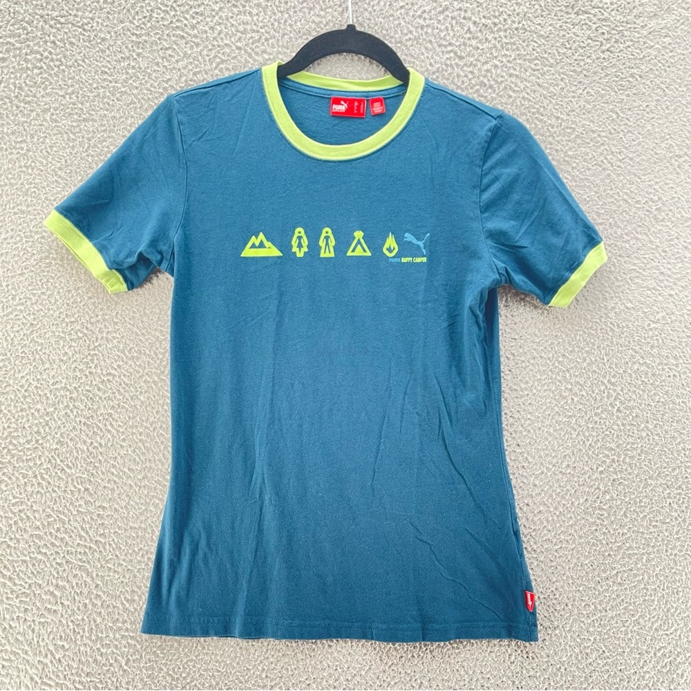 Puma Happy Camper Tee Women Large Blue Green Graphic Casual Comfort 100% Cotton